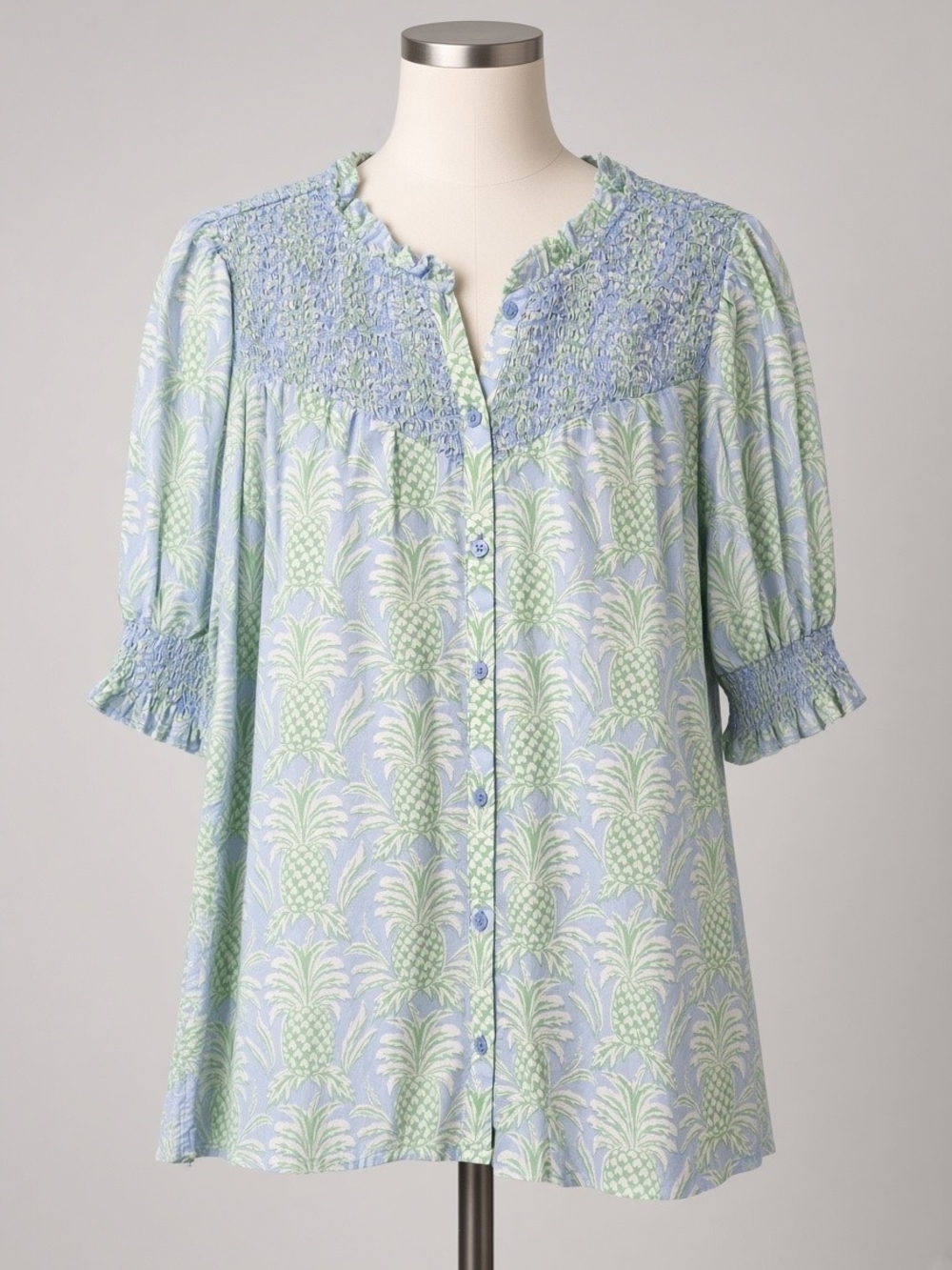crown & ivy Light Blue and Mint Pineapple Smocked Button-Down Top